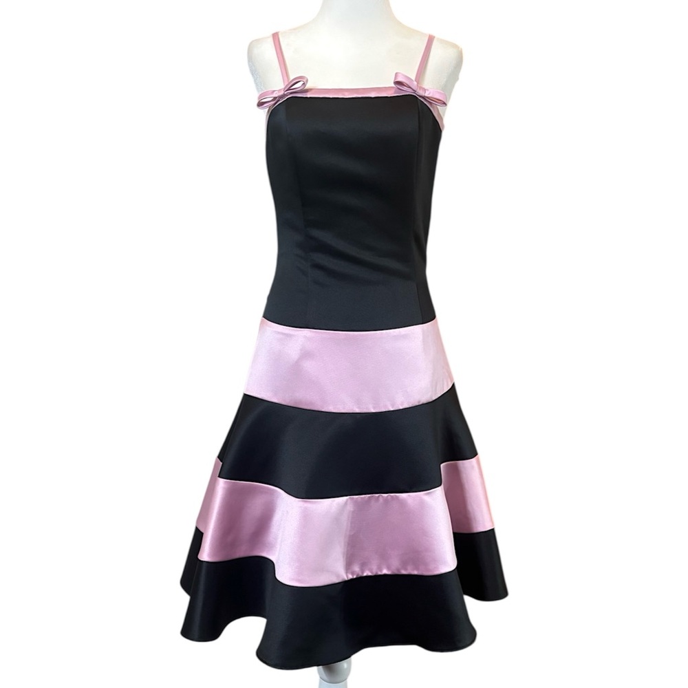 Vintage Y2K Jessica McClintock Gunne Sax Black Pink Stripe Satin Formal Dress XS